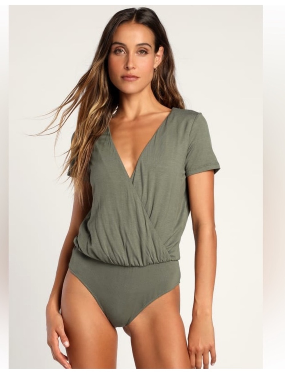 Lulu's Olive Wrap V-Neck Bodysuit- Sz xs